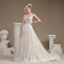 New style Beautiful Flower lace applique  sleeveless Illusion backless Boat neck dress wedding gown Tulle  Lace Train